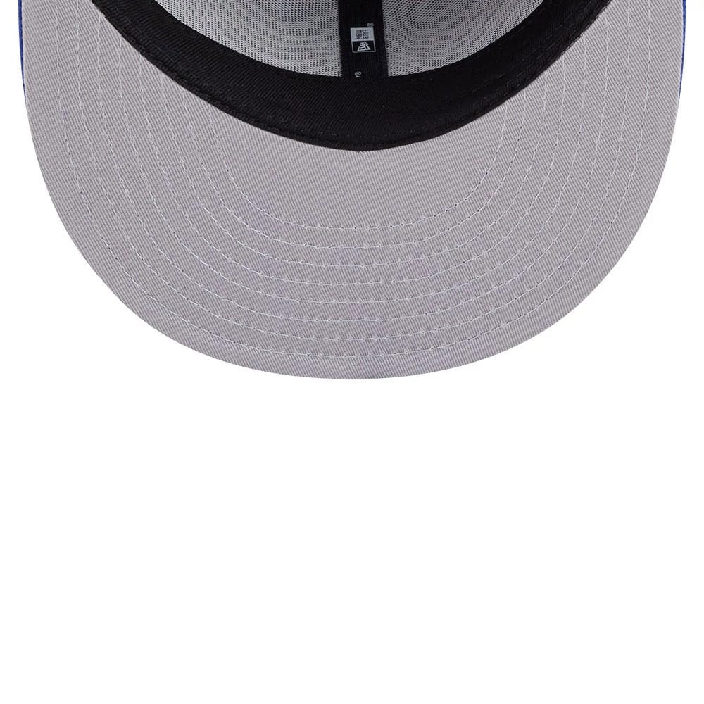New York Knicks Space Jam Monstars Black New Era 59FIFTY Fitted Cap, inside view showing the grey undervisor with detailed stitching, black inner taping, and a black sweatband, creating a clean and sophisticated internal finish.