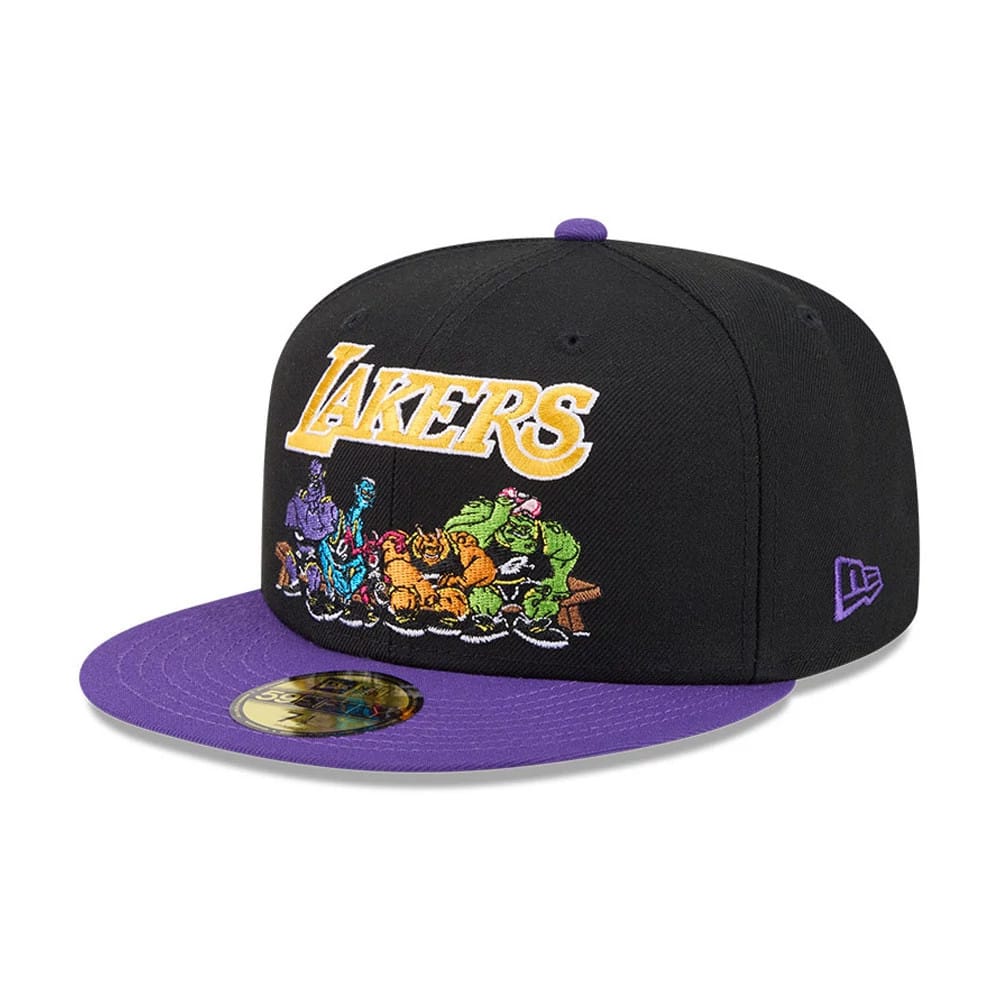 LA Lakers Space Jam Monstars Black New Era 59FIFTY Fitted Cap, three-quarter view showing the embroidered Lakers logo and Monstars characters on the front panel, with a contrasting purple visor and a purple New Era flag logo on the left side.