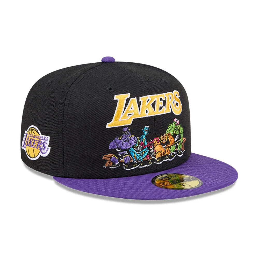 LA Lakers Space Jam Monstars Black New Era 59FIFTY Fitted Cap, three-quarter view showing the oversized yellow and white Lakers logo on the black front panel, with colourful Monstars embroidery, a purple visor.