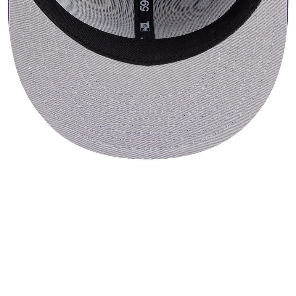 LA Lakers Space Jam Monstars Black New Era 59FIFTY Fitted Cap, inside view showing the light grey undervisor contrasted with a black sweatband, and featuring 59FIFTY branded taping along the interior panels.