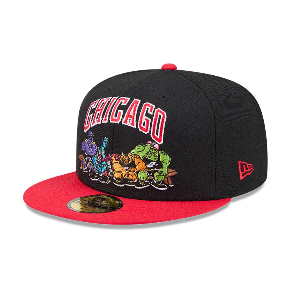 Chicago Bulls Space Jam Monstars Black New Era 59FIFTY Fitted Cap, front view showing a embroidered Monstars graphic on the black crown beneath white and red outlined Chicago lettering, with a contrasting red visor.