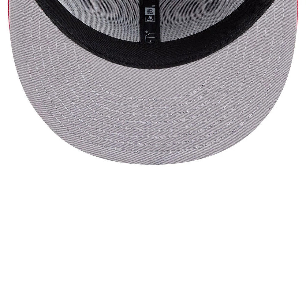 Chicago Bulls Space Jam Monstars Black New Era 59FIFTY Fitted Cap, inside view showing the light grey undervisor with detailed stitching, black sweatband featuring brand taping, and the structured interior panel supporting the crown.