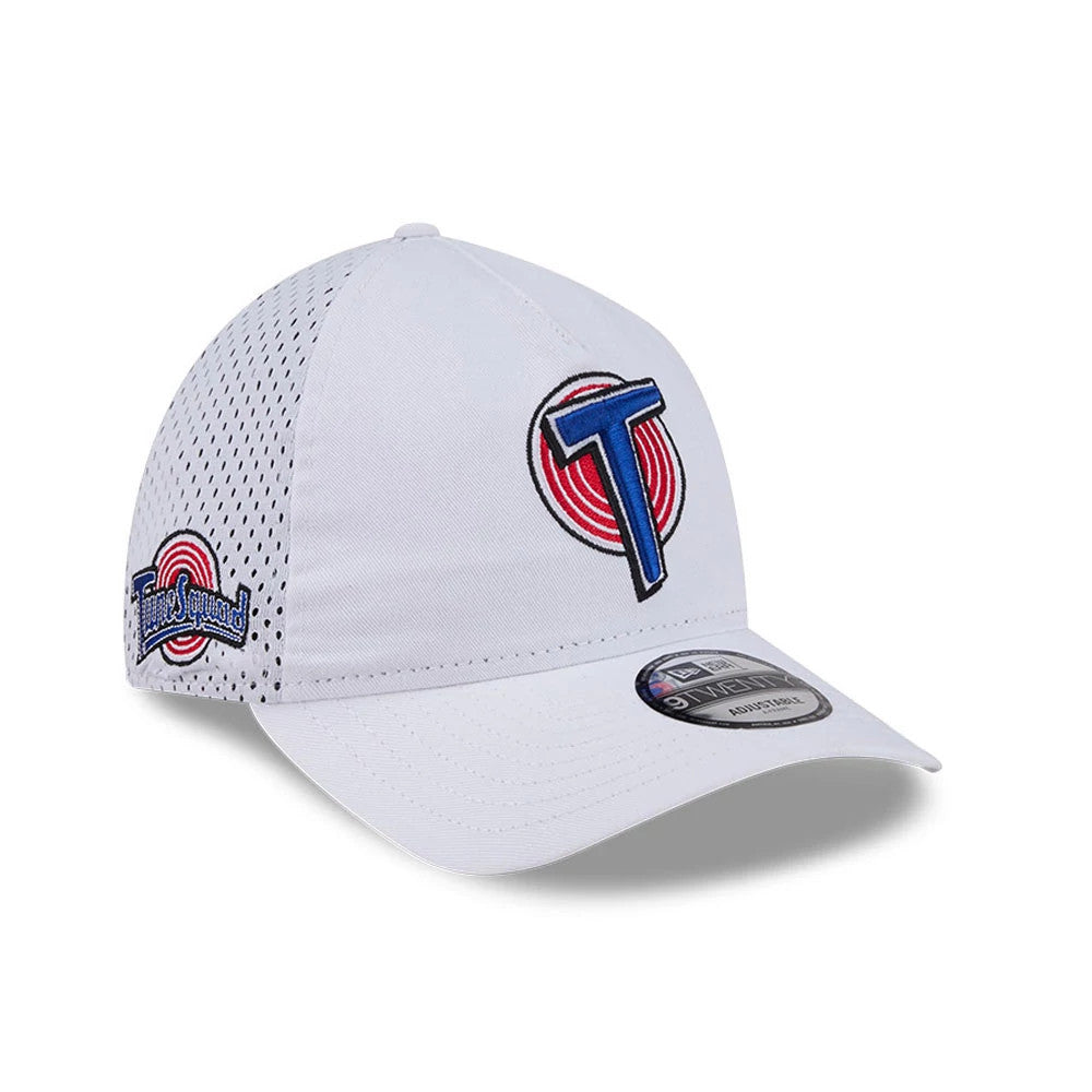 Space Jam Tune Squad White New Era 9TWENTY A-Frame Adjustable Cap, three-quarter view showing a large blue and red Tune Squad logo embroidered on the front panel, side panels with smaller Tune Squad logo.