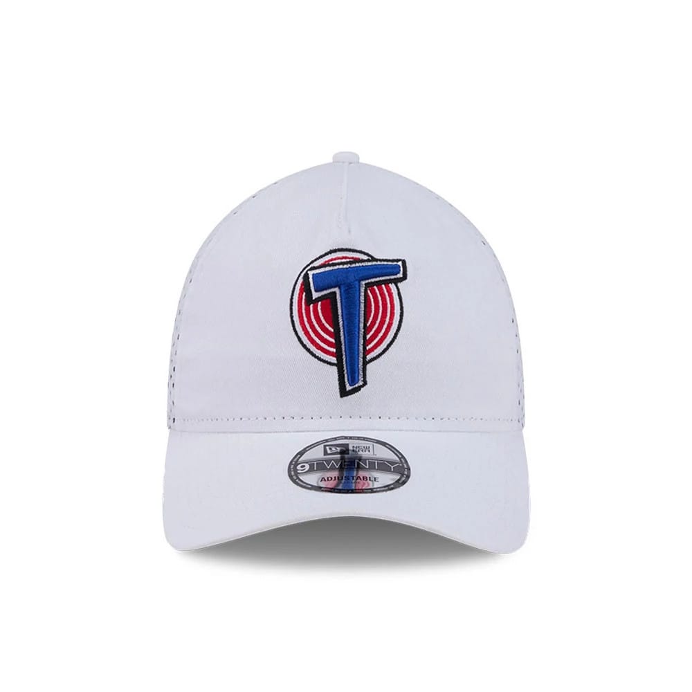 Space Jam Tune Squad White New Era 9TWENTY A-Frame Adjustable Cap, front view showing the blue and red embroidered Tune Squad logo with concentric circles on the white front panel, and a 9TWENTY size sticker on the curved visor.