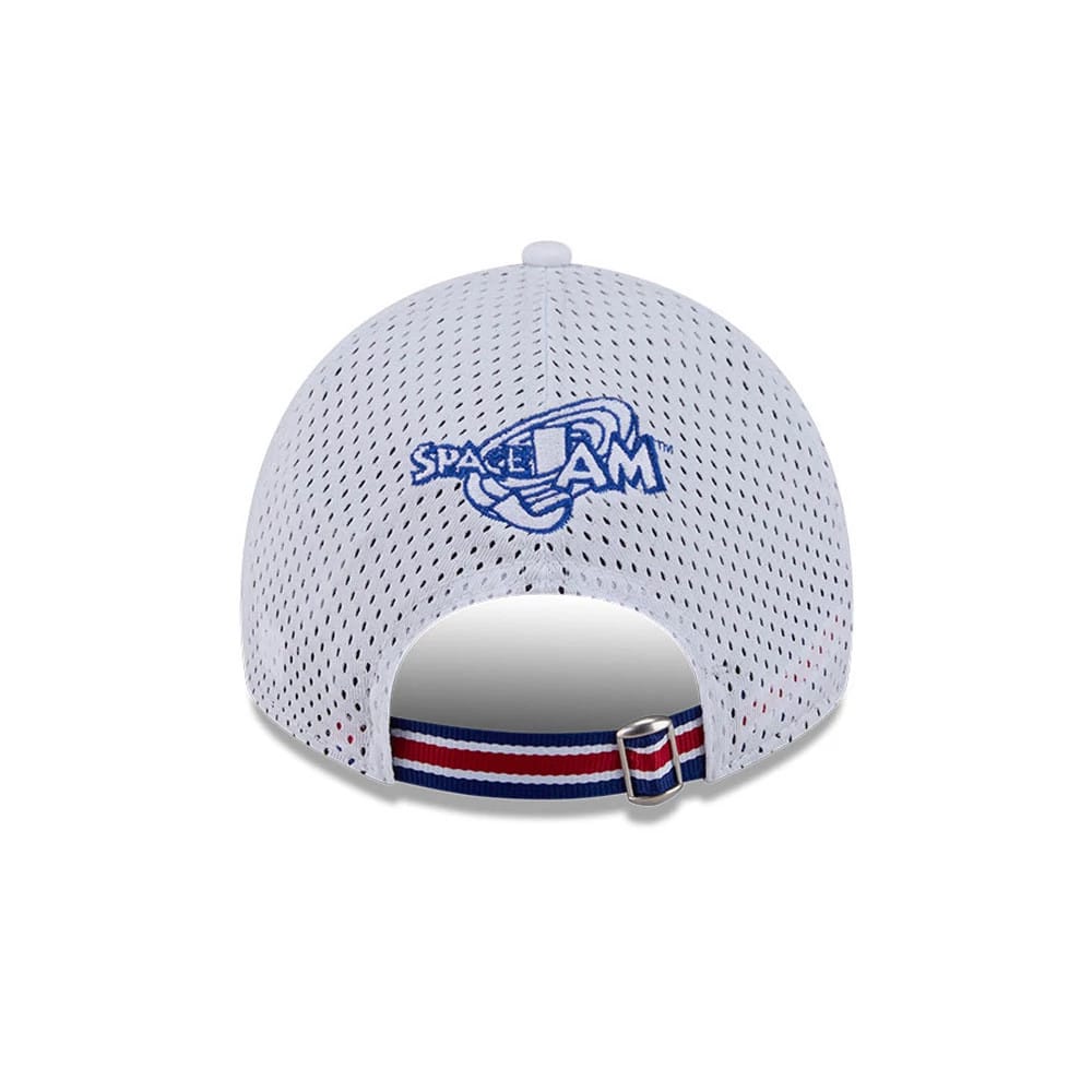 Space Jam Tune Squad White New Era 9TWENTY A-Frame Adjustable Cap, rear view showing the blue embroidered Space Jam logo centred on a white mesh crown, with a tricolour adjustable strap and buckle at the opening.
