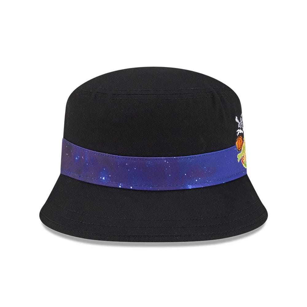 New Era Space Jam Bugs Bunny Black Bucket Hat, three-quarter view showing the embroidered Bugs Bunny graphic partially on the right, with a galactic themed band encircling the crown and a wide black downward-sloping visor.