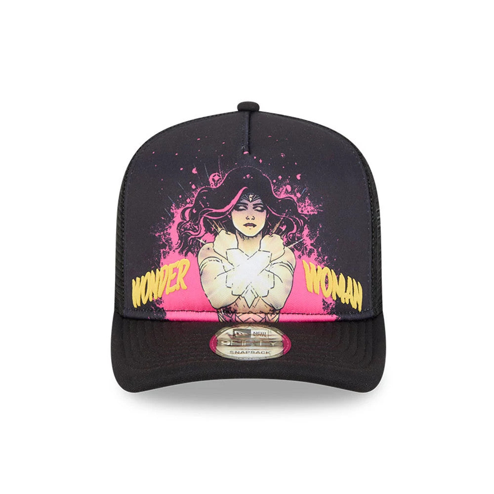 Womens DC Wonder Woman Black New Era 9FIFTY A-Frame Snapback Adjustable Cap, front view showing a Wonder Woman illustration on the front panel with pink accents, yellow Wonder Woman text, and a 9FIFTY size sticker on the black curved visor.