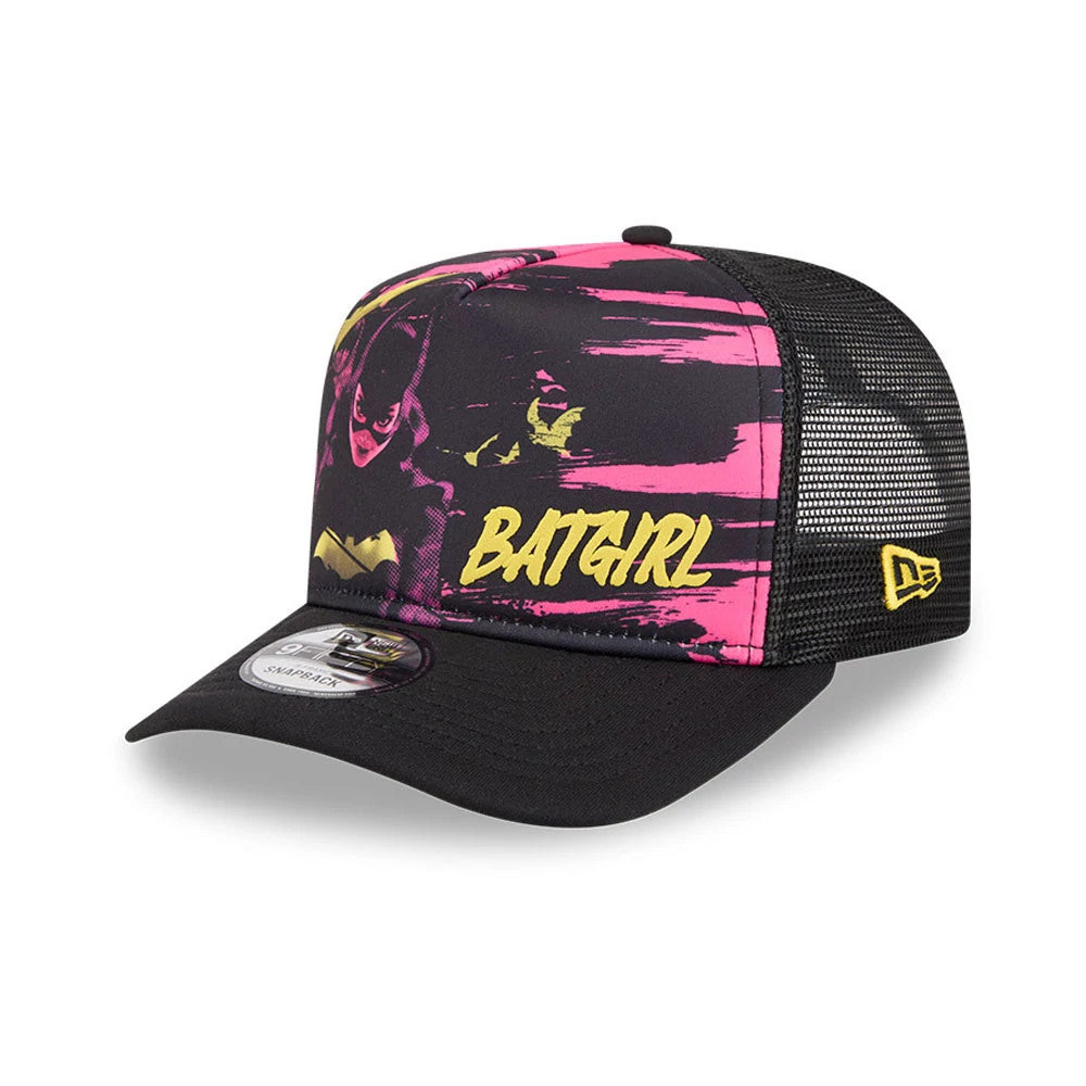 Womens DC Batgirl Black New Era 9FIFTY A-Frame Snapback Adjustable Cap, three-quarter view showing a pink and black graphic print on the front panels with a yellow Batgirl text, black visor with a size sticker.