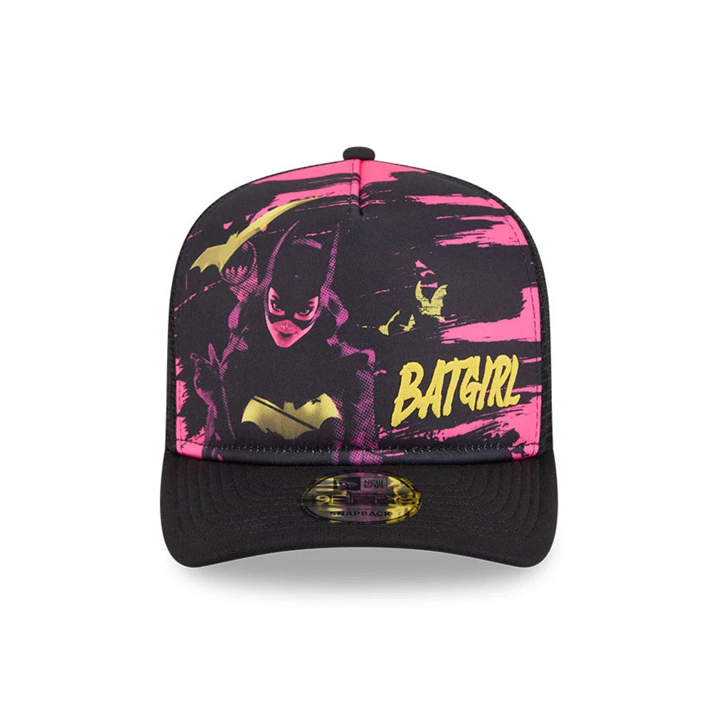 Womens DC Batgirl Black New Era 9FIFTY A-Frame Snapback Adjustable Cap, front view showing a pink and yellow Batgirl graphic with a yellow Batgirl logo on the structured black crown, and a 9FIFTY size sticker on the black visor.