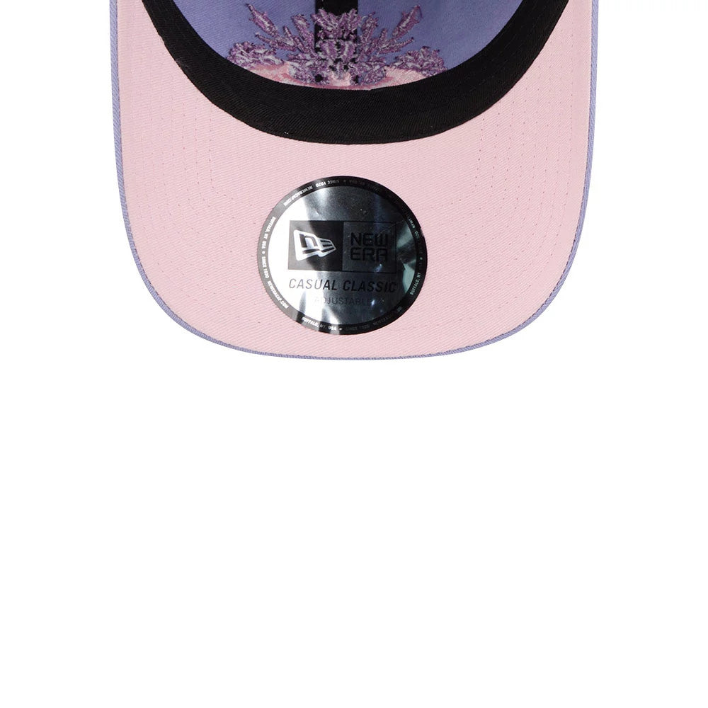New Era Womens DC Batgirl Pastel Purple Casual Classic Adjustable Cap, front view showing the intricate Batgirl graphic in pastel purple on the crown, a contrasting black inner band.