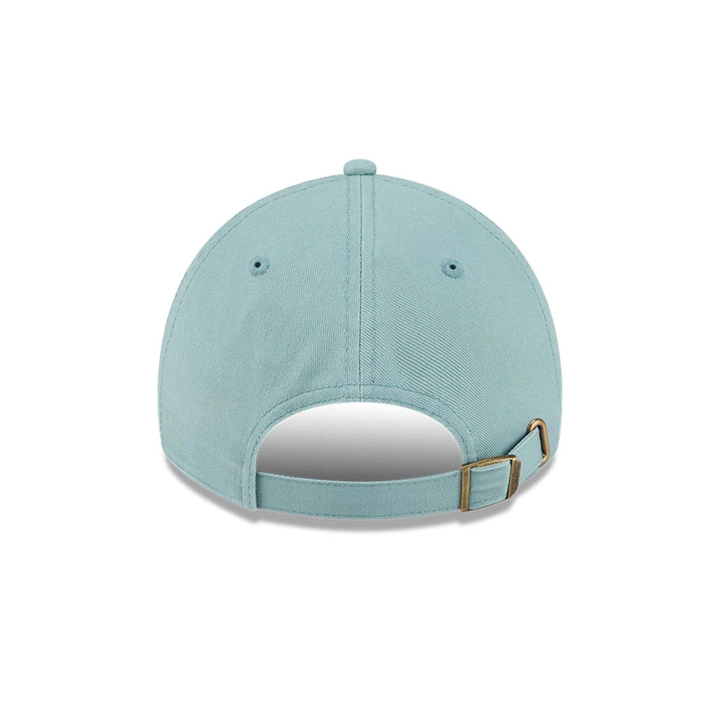 New Era Womens DC Wonder Woman Pastel Blue Casual Classic Adjustable Cap, rear view showing the pastel blue fabric with two small eyelets, a matching top button, and an adjustable buckle strap at the back for a custom fit.