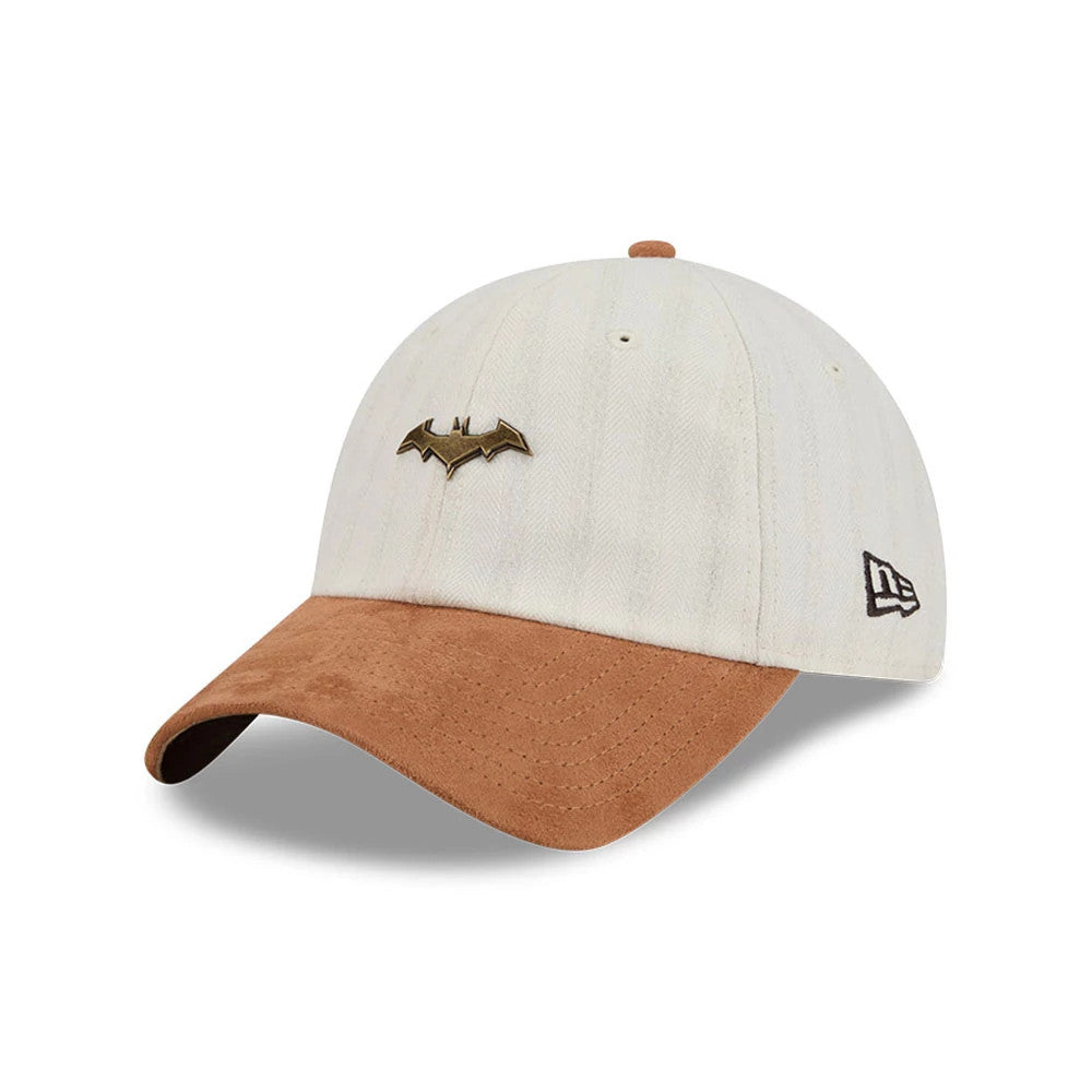 Womens DC Batgirl White New Era Casual Classic Adjustable Cap, three-quarter view showing an embroidered gold Batgirl logo on the front panel, a contrasting brown suede visor, and the New Era flag logo on the left side.