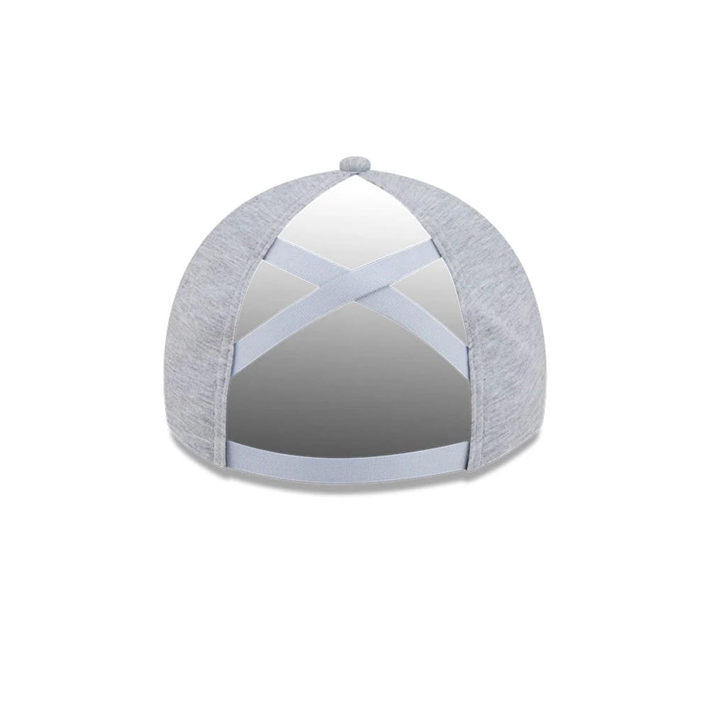 New Era Womens DC Wonder Woman Grey Open Back Cap, rear view showing the unique open back design with intersecting grey elastic straps, a heather grey structured crown, and a textured top button enhancing the cap's yet comfortable fit.