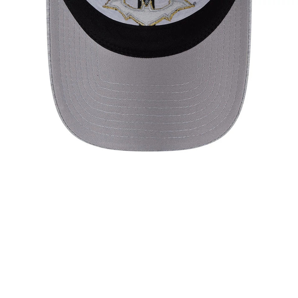 New Era Womens DC Batgirl Grey Open Back Cap, front view showing the embroidered Batgirl logo in black, white, and gold on the structured crown above a curved grey visor with a black edge.