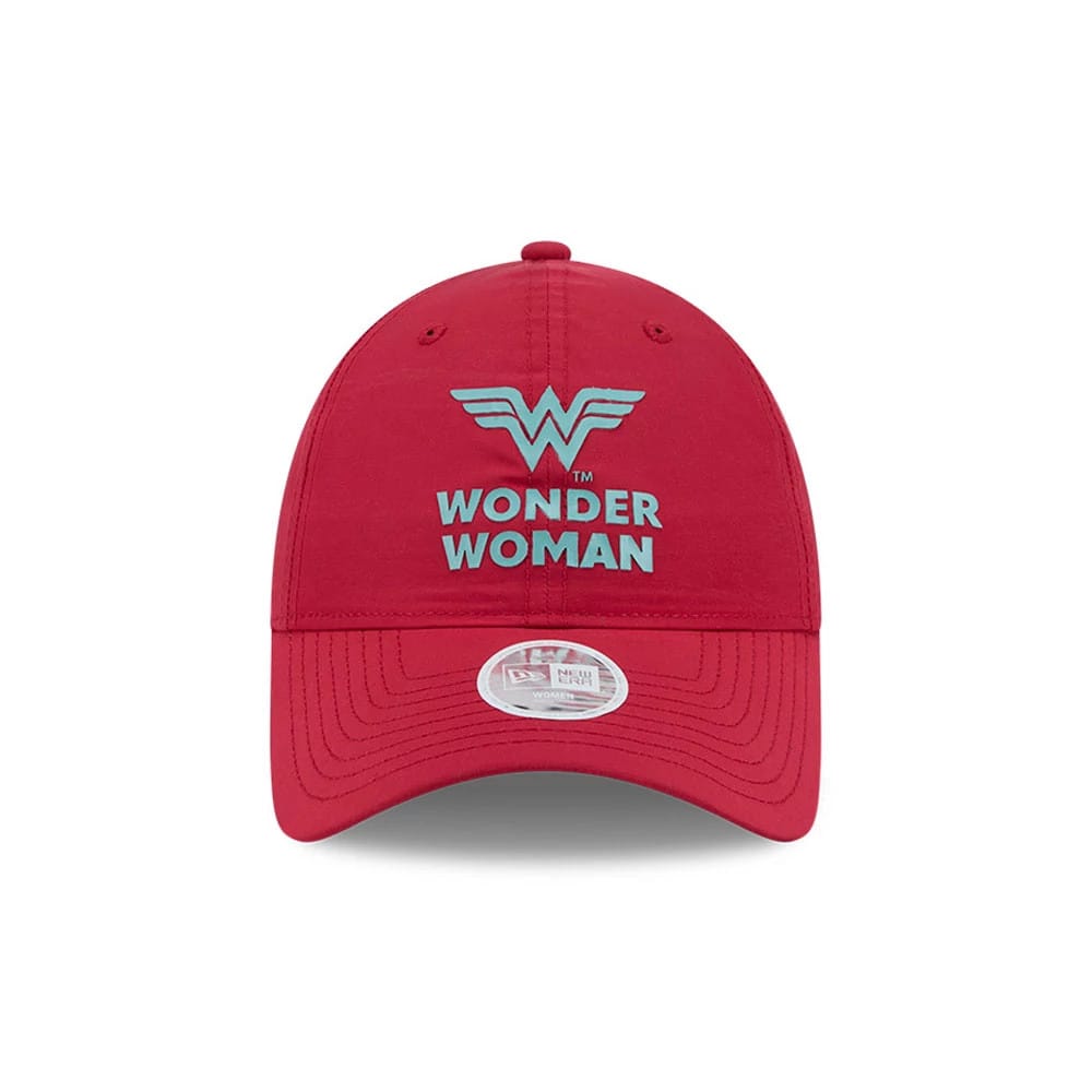 New Era Womens DC Wonder Woman Dark Red Open Back Cap, front view showing the raised embroidered blue Wonder Woman logo on the front panel, with a 9FORTY size sticker on the curved red visor and matching red top button.