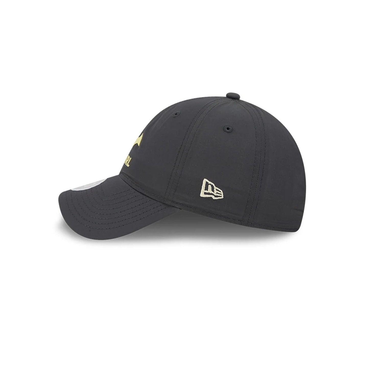 New Era Womens DC Batgirl Charcoal Open Back Cap, side view showing the embroidered New Era flag logo on the charcoal crown, a curved visor with a 9FORTY size sticker, and distinct panel eyelets for a structured look.