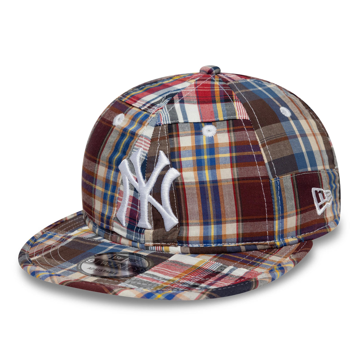 New York Yankees MLB Madras Plaid Multi New Era 9TWENTY Adjustable Cap, three-quarter view showing the raised white embroidered NY logo on the front panel, a multi-colour plaid pattern across the structured crown.