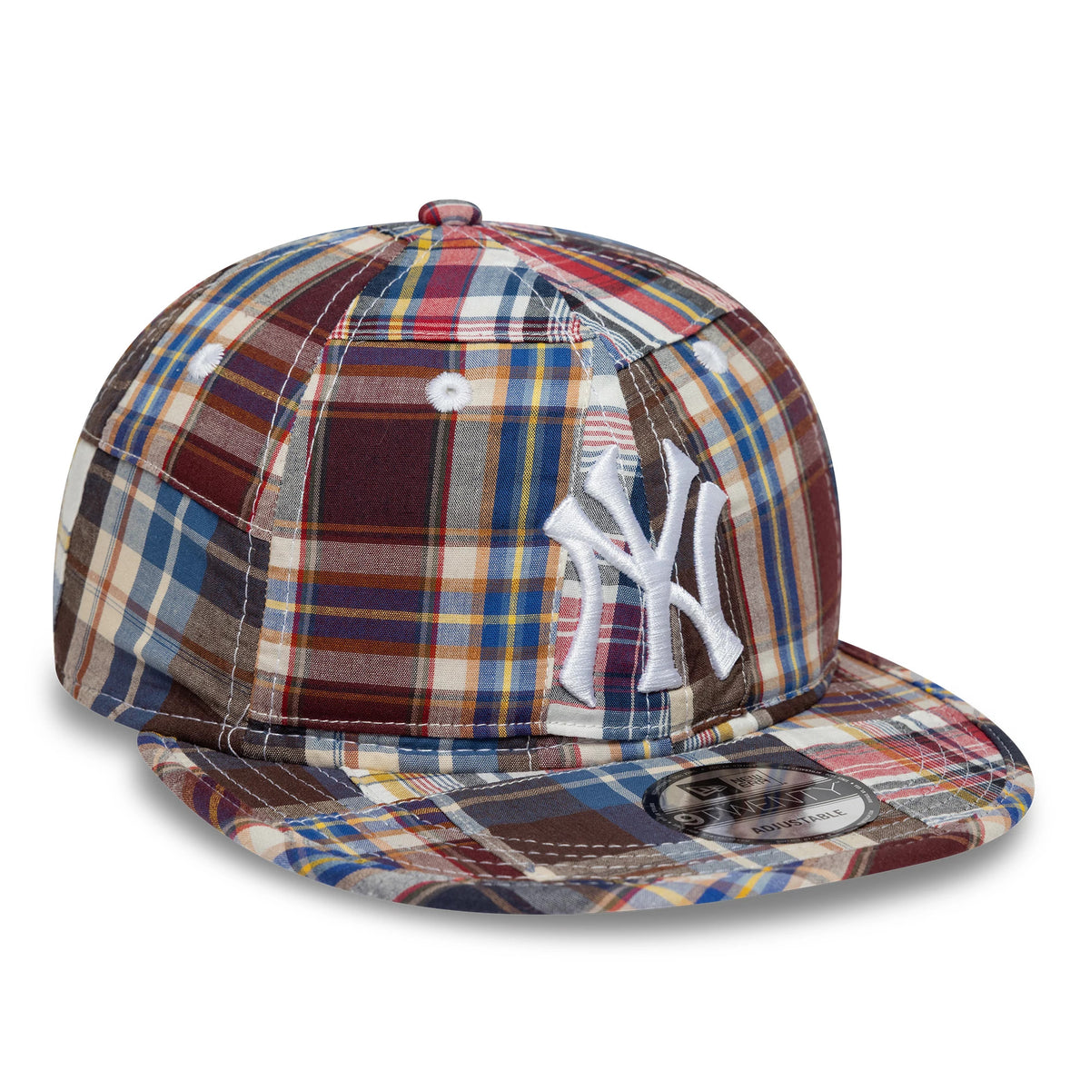 New York Yankees MLB Madras Plaid Multi New Era 9TWENTY Adjustable Cap, three-quarter view showing the white raised embroidered Yankees logo on the front panel, plaid multi-coloured visor and a 9TWENTY size sticker on the visor.