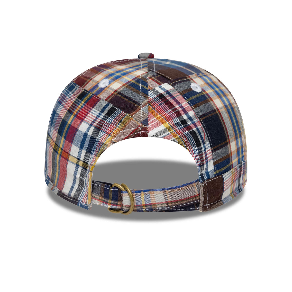 New York Yankees MLB Madras Plaid Multi New Era 9TWENTY Adjustable Cap, rear view showing a plain back with a brass buckle on the fabric strap, featuring a colourful multi-madras plaid pattern across the unstructured crown.