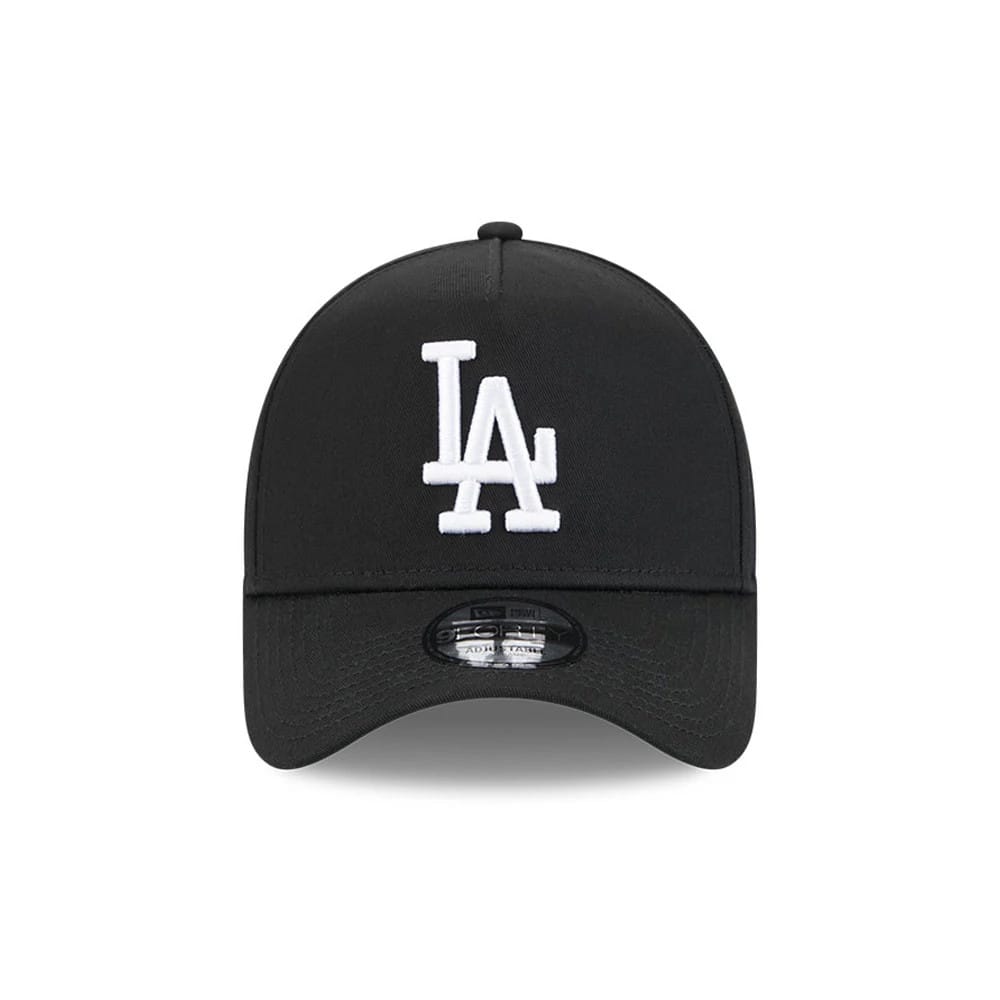 Dodgers MLB Cooperstown Anniversary Black New Era 9FORTY A-Frame Adjustable Cap, front view showing the raised white embroidered LA logo on the structured black crown, with a black curved visor and a 9FORTY size sticker on the underside.