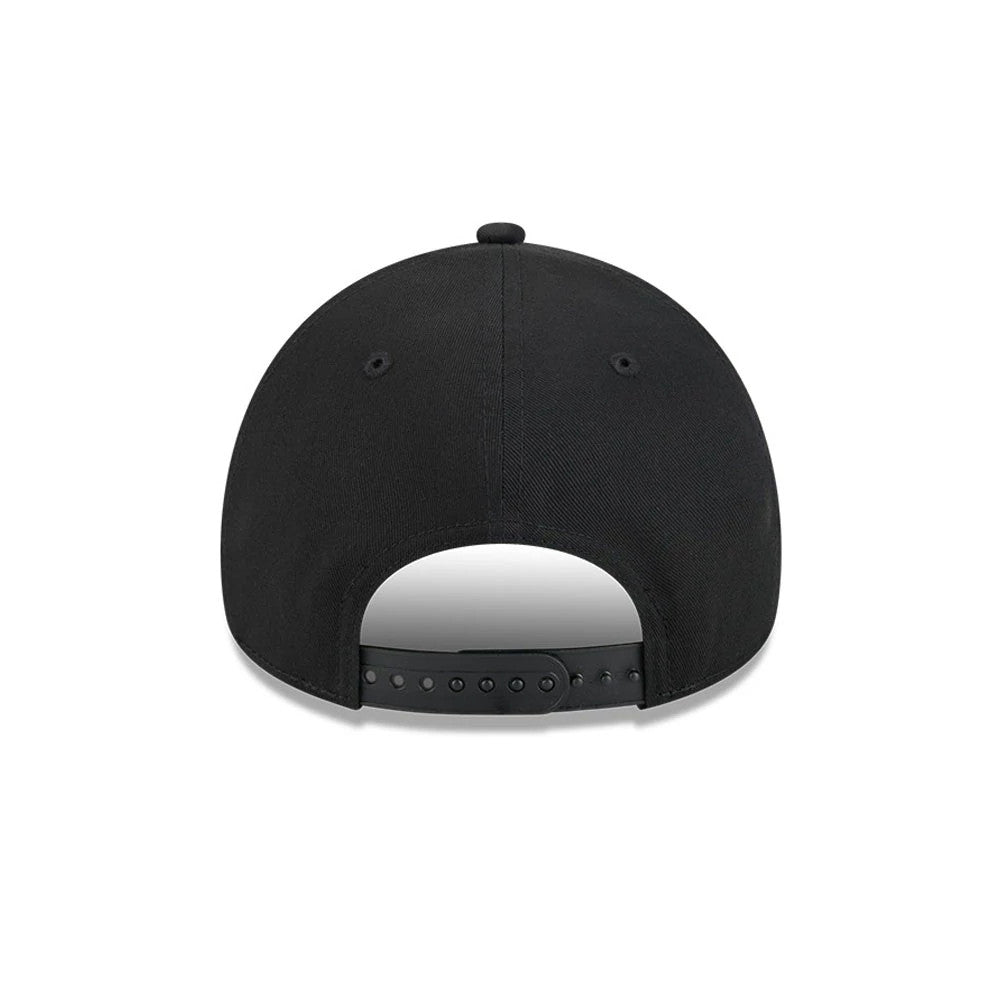Dodgers MLB Cooperstown Anniversary Black New Era 9FORTY A-Frame Adjustable Cap, rear view showing a black snapback closure beneath the structured black crown, with matching black eyelets on each panel and a top button centred above.