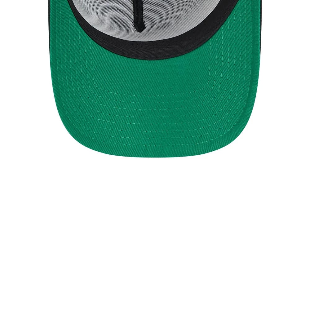 Dodgers MLB Cooperstown Anniversary Black New Era 9FORTY A-Frame Adjustable Cap, inside view showing a green undervisor, black interior taping along the seams, and a black sweatband for added comfort and style.