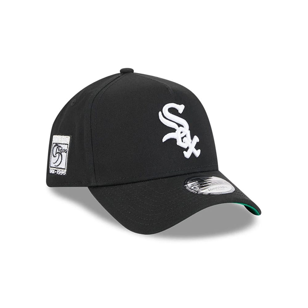 White Sox MLB Cooperstown Anniversary Black New Era 9FORTY A-Frame Adjustable Cap, three-quarter view showing the raised white Sox logo embroidered on the front panel, a structured black crown, and a 9FORTY size sticker on the black curved visor.
