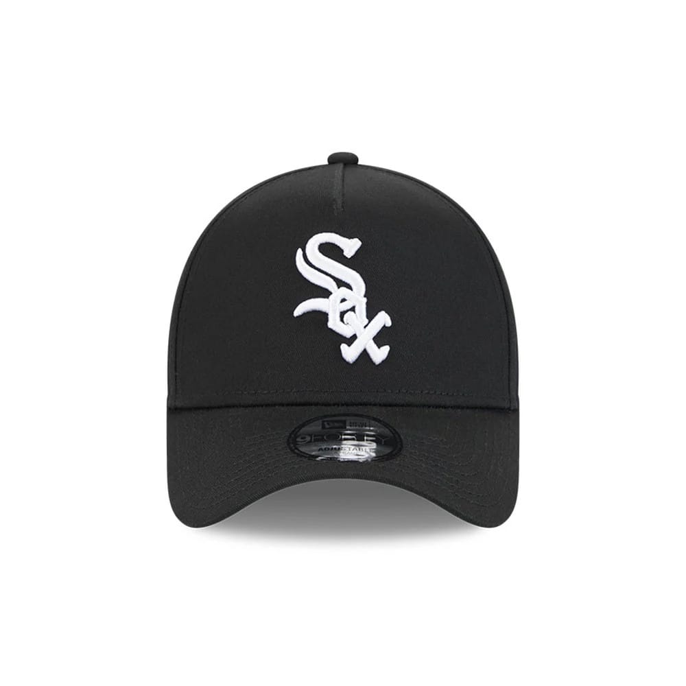 White Sox MLB Cooperstown Anniversary Black New Era 9FORTY A-Frame Adjustable Cap, front view showing the white embroidered Sox logo on the structured black crown, black curved visor, and 9FORTY size sticker on the top of the visor.