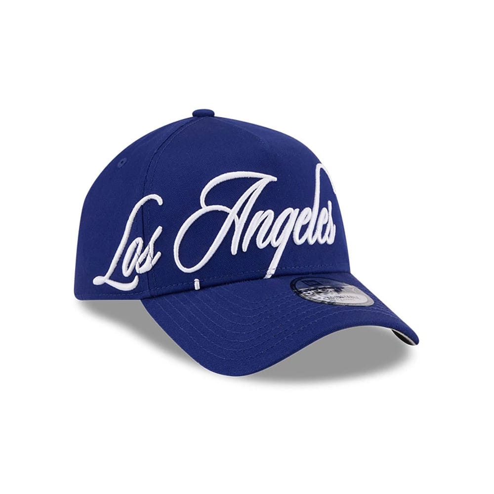 Pictured is this MLB Calligraphy LA Dodgers 9FORTY A-Frame cap in dark blue. 1