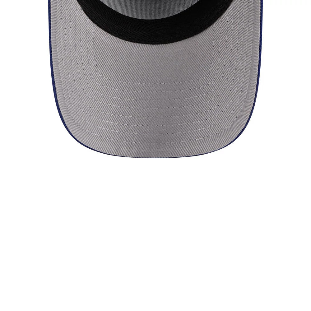 LA Dodgers MLB Calligraphy Dark Blue New Era 9FORTY A-Frame Adjustable Cap, inside view showing the grey undervisor with stitching patterns, a black sweatband around the interior, and dark blue from the cap's exterior edge.