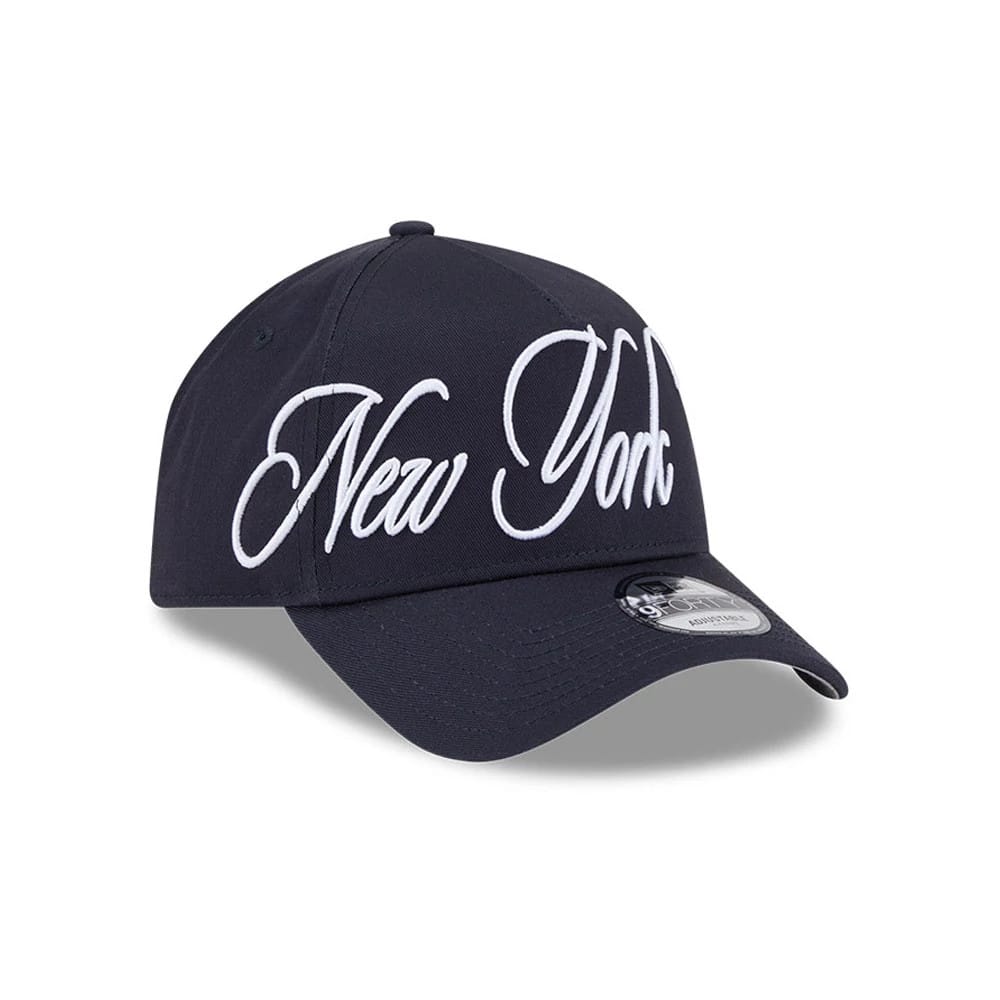 Pictured is this MLB Calligraphy New York Yankees 9FORTY A-Frame cap in navy. 1