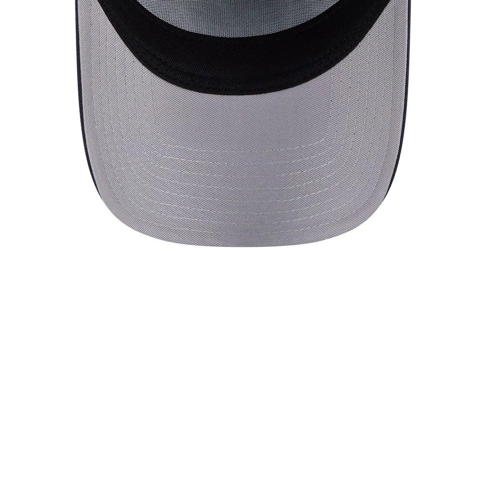 New York Yankees MLB Calligraphy Navy New Era 9FORTY A-Frame Adjustable Cap, inside view showing the grey fabric undervisor, black headband seam, and light grey taping across the interior of the crown.