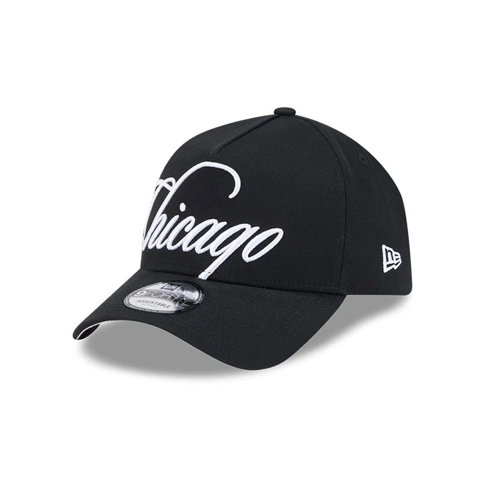 Pictured is this MLB Calligraphy Chicago White Sox 9FORTY A-Frame cap in black. 4