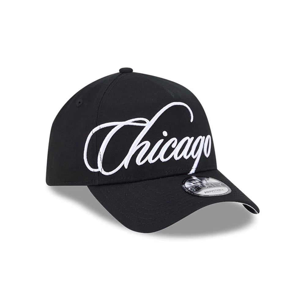 Pictured is this MLB Calligraphy Chicago White Sox 9FORTY A-Frame cap in black. 1