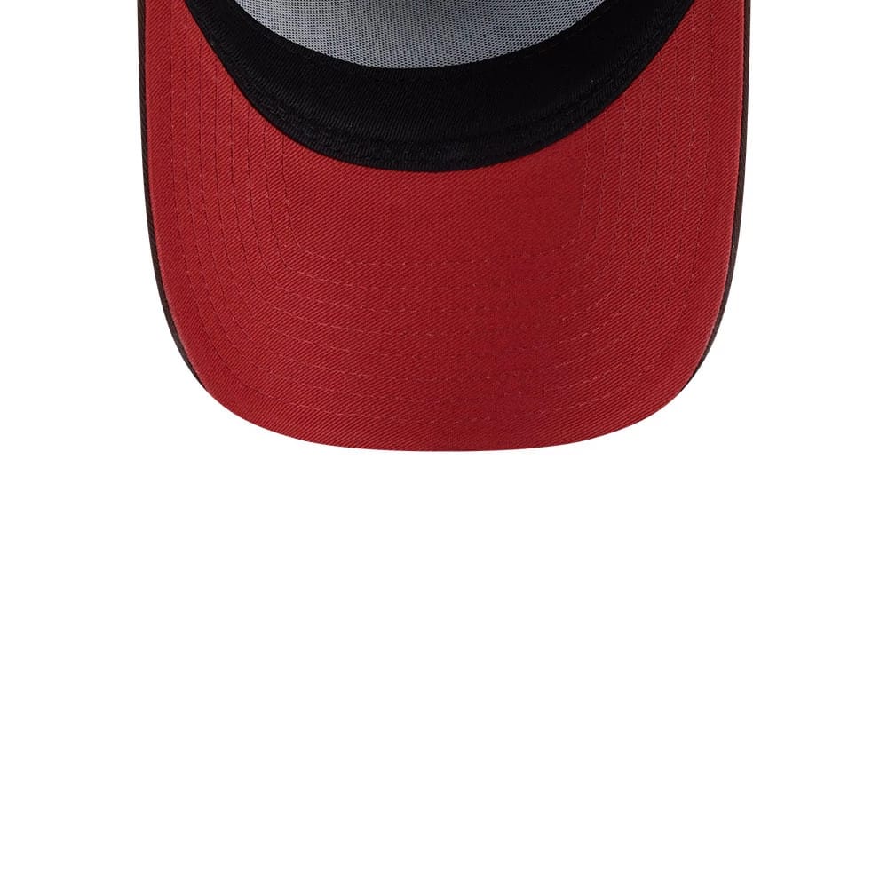 New York Yankees MLB Choc Cherry Dark Brown New Era 9FORTY A-Frame Adjustable Cap, inside view showing the red undervisor with fine stitching detail, contrasting black sweatband lining, and inner cap fabric in a soft grey tone.