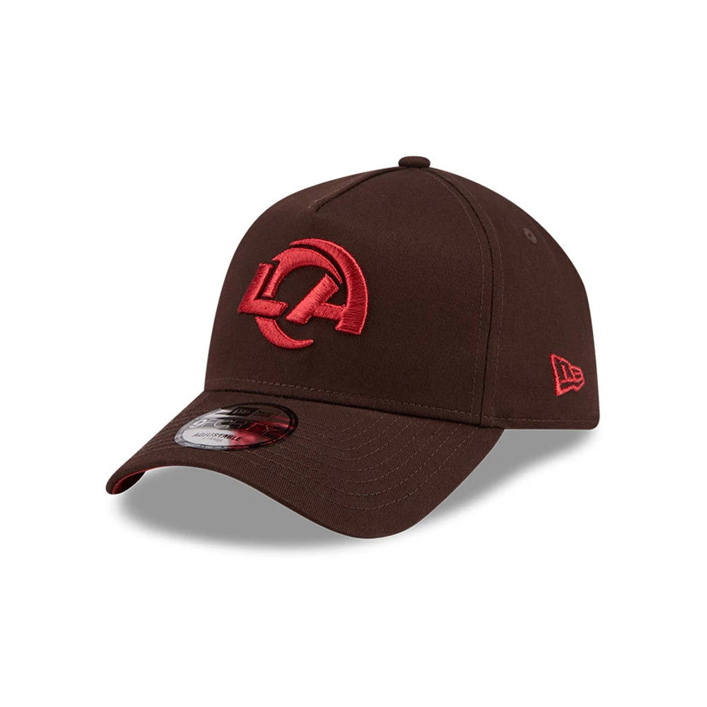 Pictured is this NFL Choc Cherry LA Rams 9FORTY A-Frame cap in dark brown. 1
