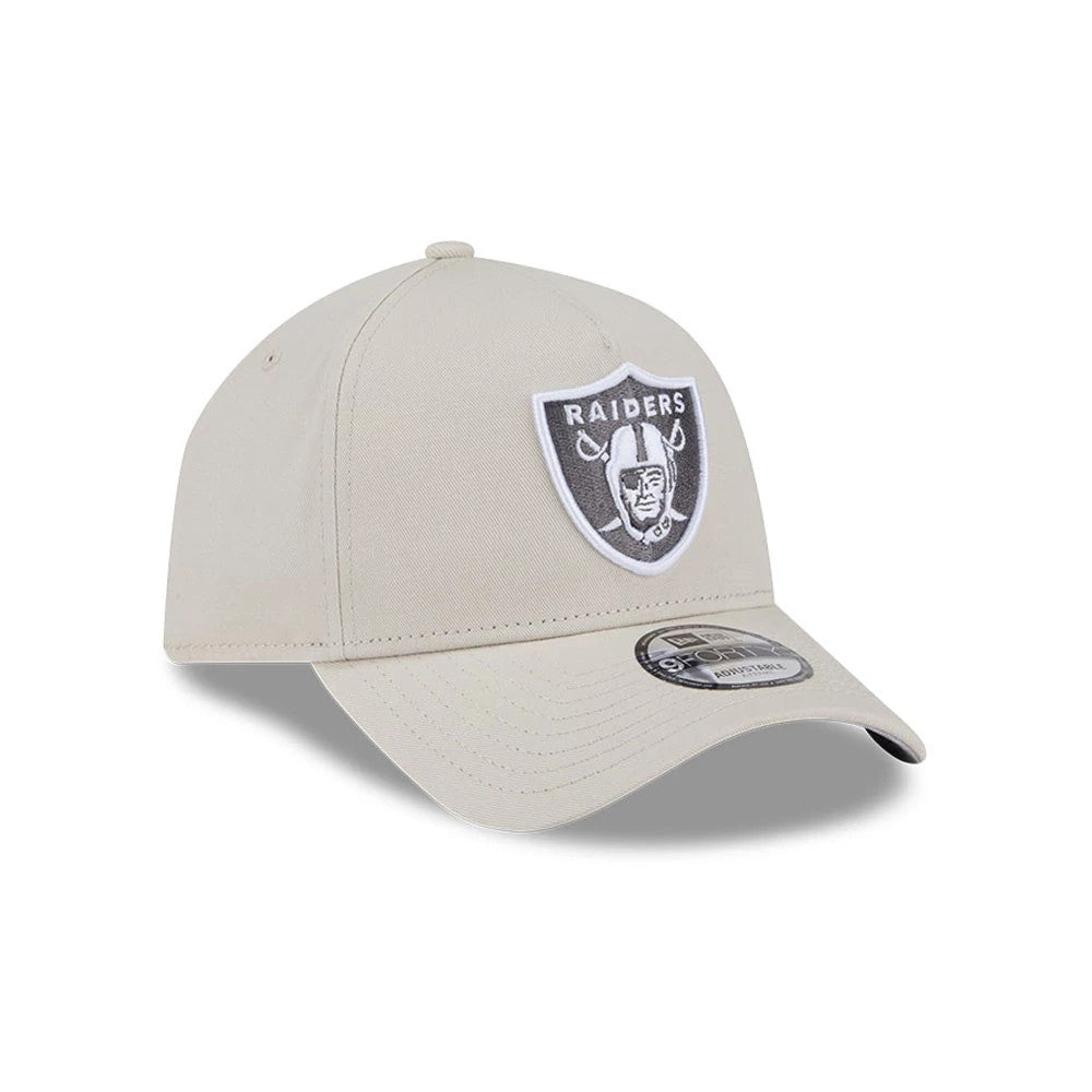 Las Vegas Raiders NFL Concrete Stone New Era 9FORTY A-Frame Adjustable Cap, three-quarter view showing a raised embroidered Raiders logo on the front panel, curved stone visor, and 9FORTY size sticker on the top of the visor.