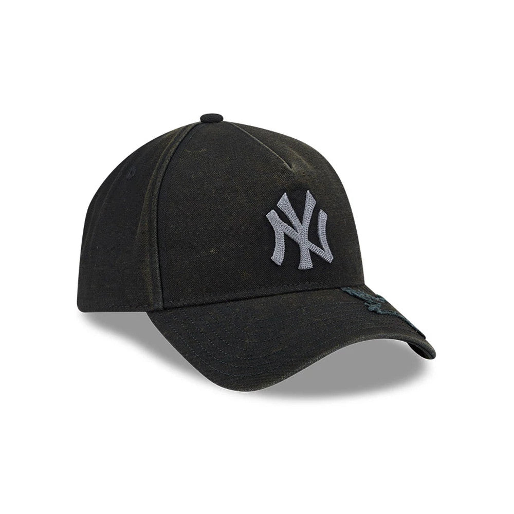 New York Yankees MLB Star Visor Black New Era 9FORTY A-Frame Adjustable Cap, three-quarter view showing the grey embroidered NY logo on the front panel, curved black visor with matching stitching, and classic six-panel crown with eyelets.