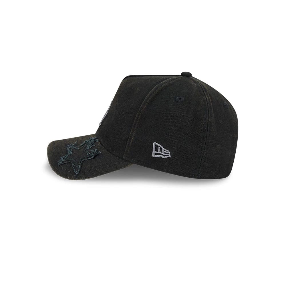 LA Dodgers MLB Star Visor Black New Era 9FORTY A-Frame Adjustable Cap, side view showing the embroidered New Era flag logo in white on the left side, a star pattern on the visor, and a black structured crown.