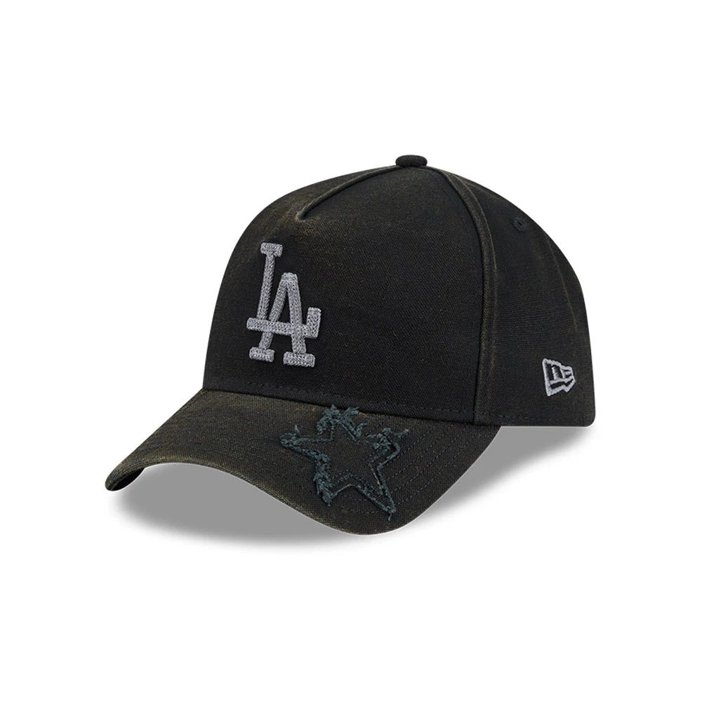 LA Dodgers MLB Star Visor Black New Era 9FORTY A-Frame Adjustable Cap, three-quarter view showing a raised black embroidered LA logo on the front panel, star embroidery on the visor, and a small New Era flag logo on the left side.