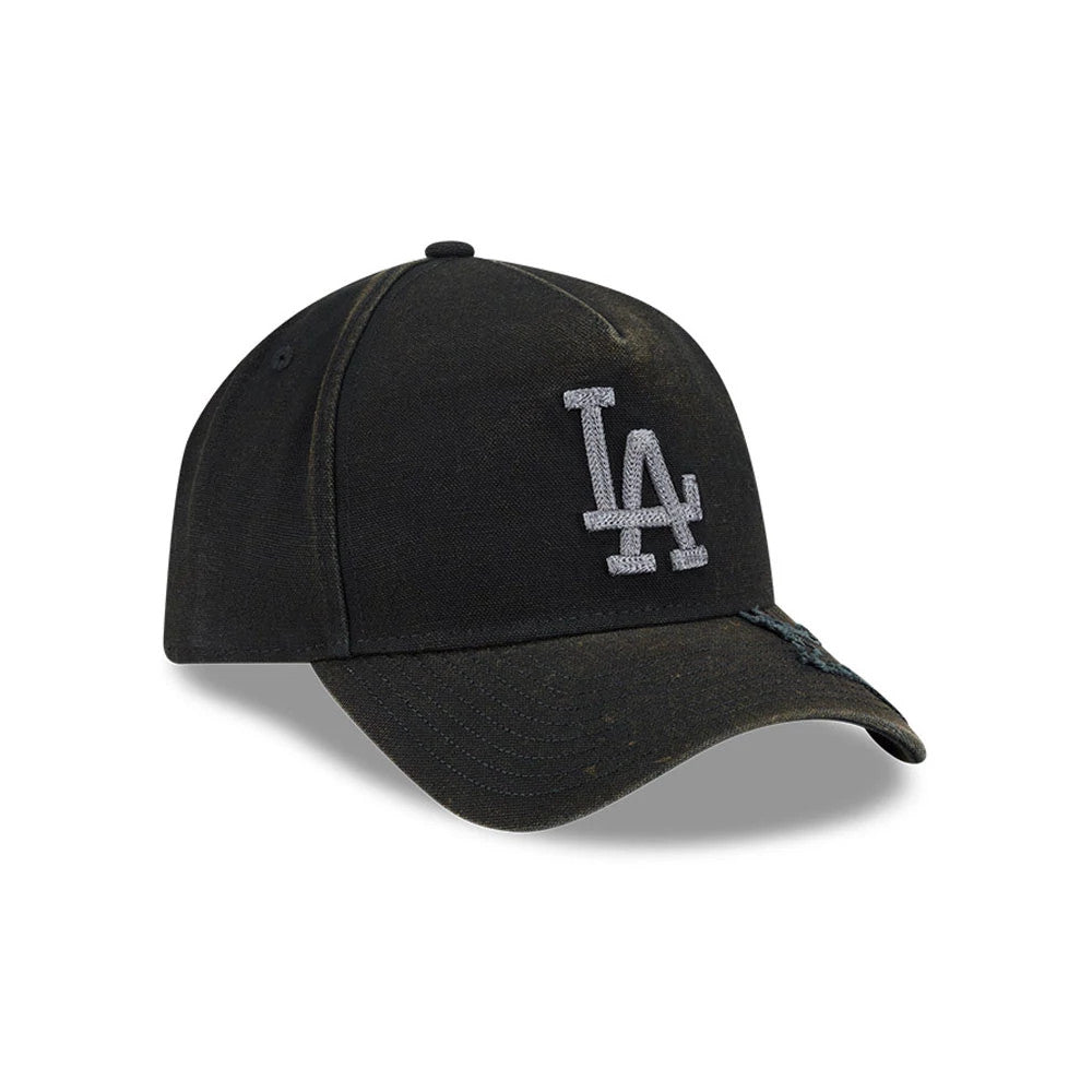 LA Dodgers MLB Star Visor Black New Era 9FORTY A-Frame Adjustable Cap, three-quarter view showing a raised grey LA logo embroidered on the front panel, with a worn-effect black curved visor and black top button.