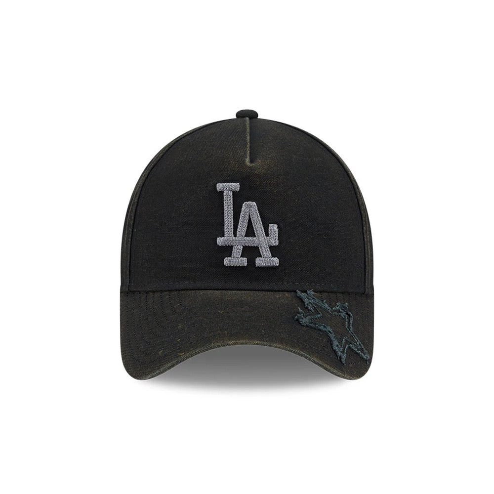 LA Dodgers MLB Star Visor Black New Era 9FORTY A-Frame Adjustable Cap, front view showing a raised grey LA logo embroidered on the structured black front panel, with a star design embroidered in black on the left side of the pre-curved visor.