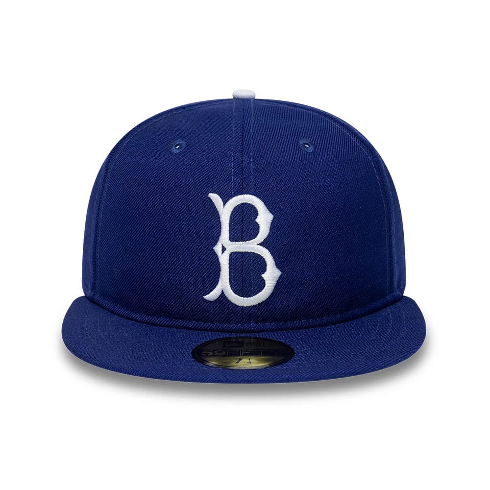 Brooklyn Dodgers MLB Cooperstown Dark Blue New Era 59FIFTY Fitted Cap, front view showing the white embroidered B logo on the front panel, complemented by dark blue eyelets and top button, and featuring a gold 59FIFTY size sticker on the flat visor.