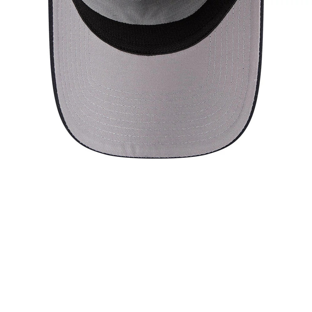 Yankees MLB Glow Stars Navy New Era 39THIRTY A-Frame Stretch Fit Cap, inside view showing the grey undervisor with black trim, black interior taping, and the black sweatband, highlighting the cap's structured and fitted design.