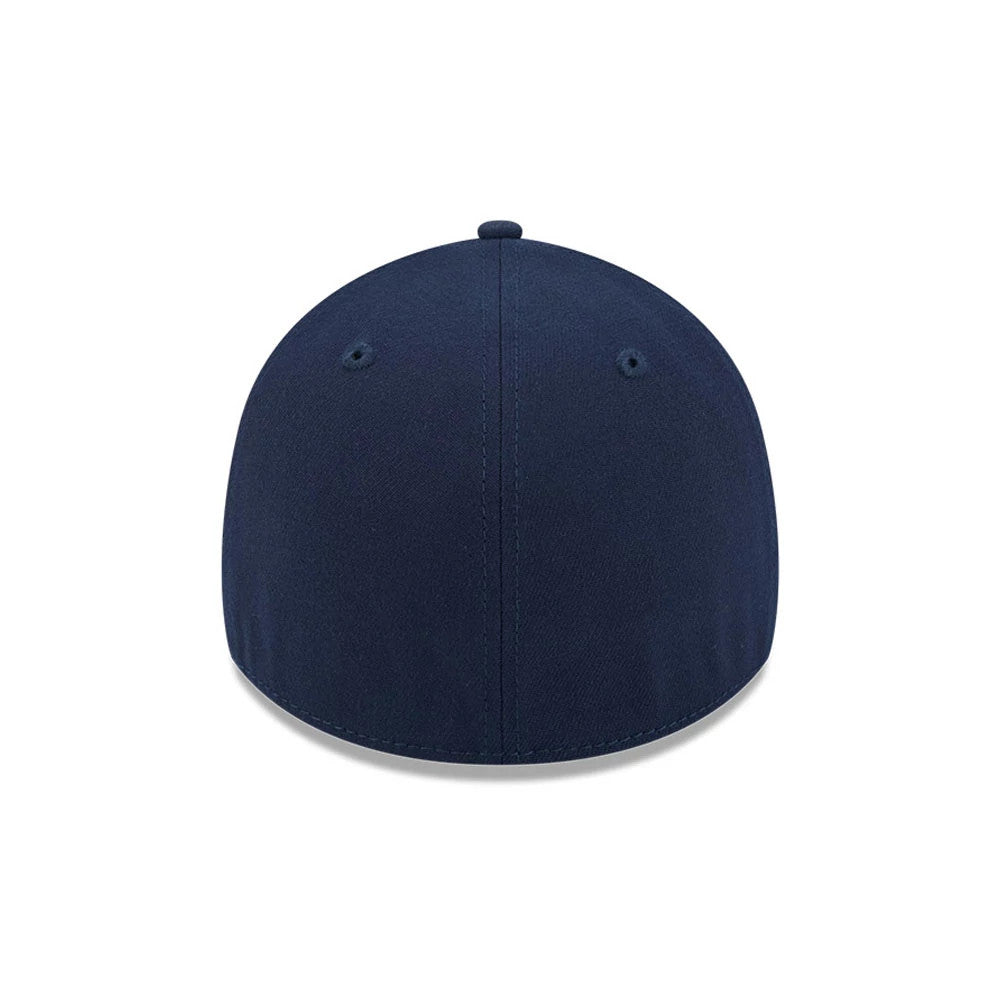Atlanta Braves MLB Faded Oceanside Dark Blue New Era 39THIRTY Stretch Fit Cap, rear view showing a plain dark blue design, with a structured fitted crown and embroidered eyelets on each panel.