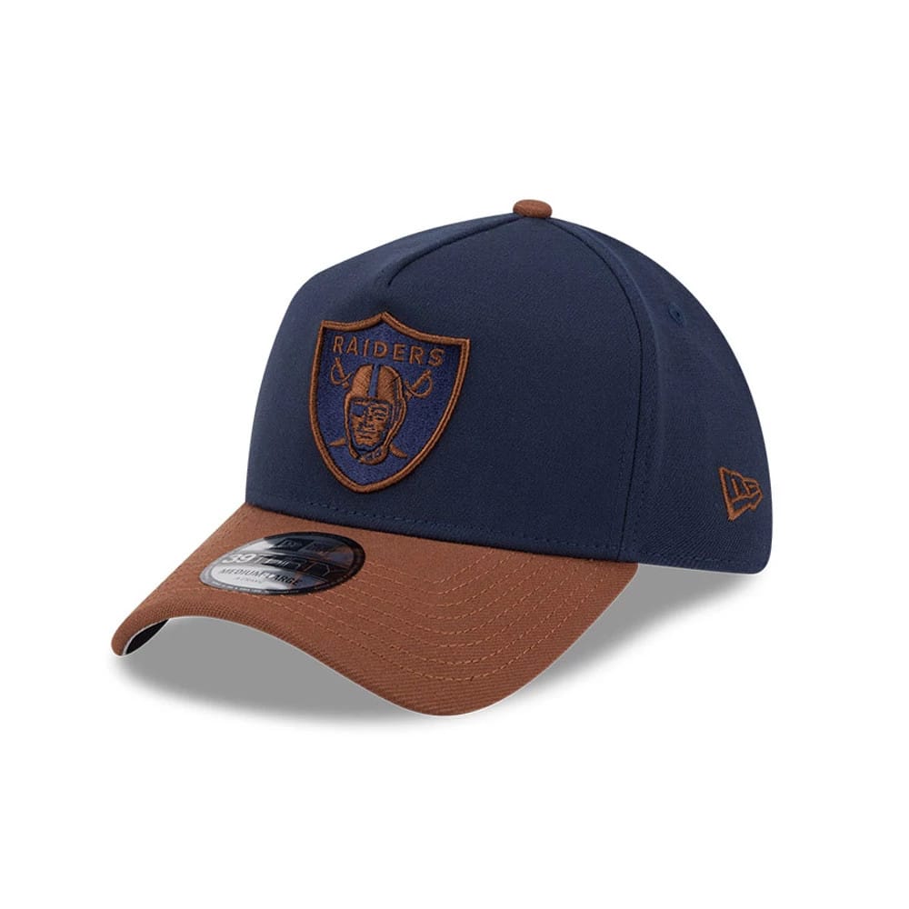Pictured is this NFL Blueberry Tiramisu Las Vegas Raiders 39THIRTY A-Frame Stretch Fit cap in navy. 1