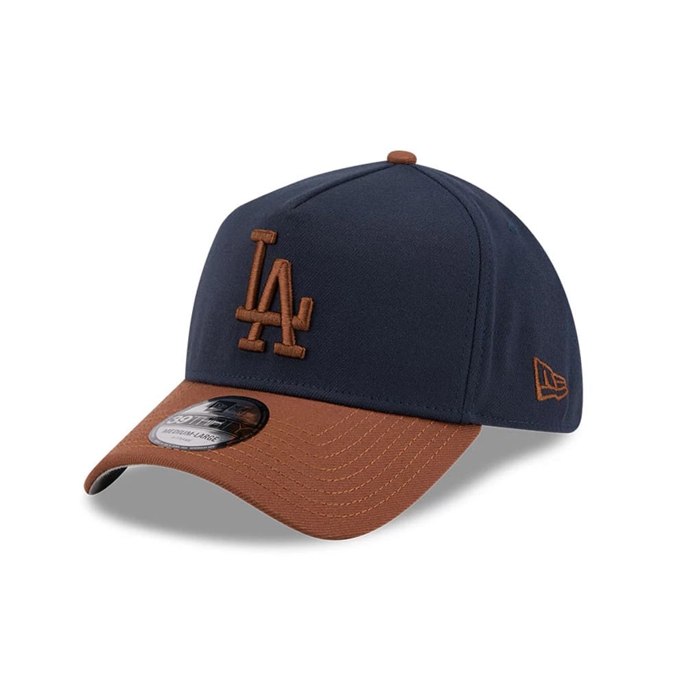Pictured is this MLB Blueberry Tiramisu LA Dodgers 39THIRTY A-Frame Stretch Fit cap in navy & brown. 1