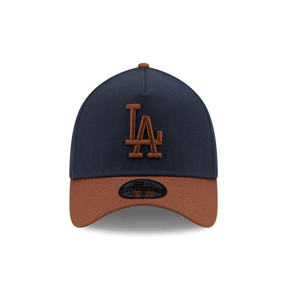 Dodgers MLB Blueberry Tiramisu Navy New Era 39THIRTY A-Frame Stretch Fit Cap, front view showing the brown raised embroidered LA logo on the structured navy crown, paired with a contrasting brown curved visor featuring a 39THIRTY size sticker.
