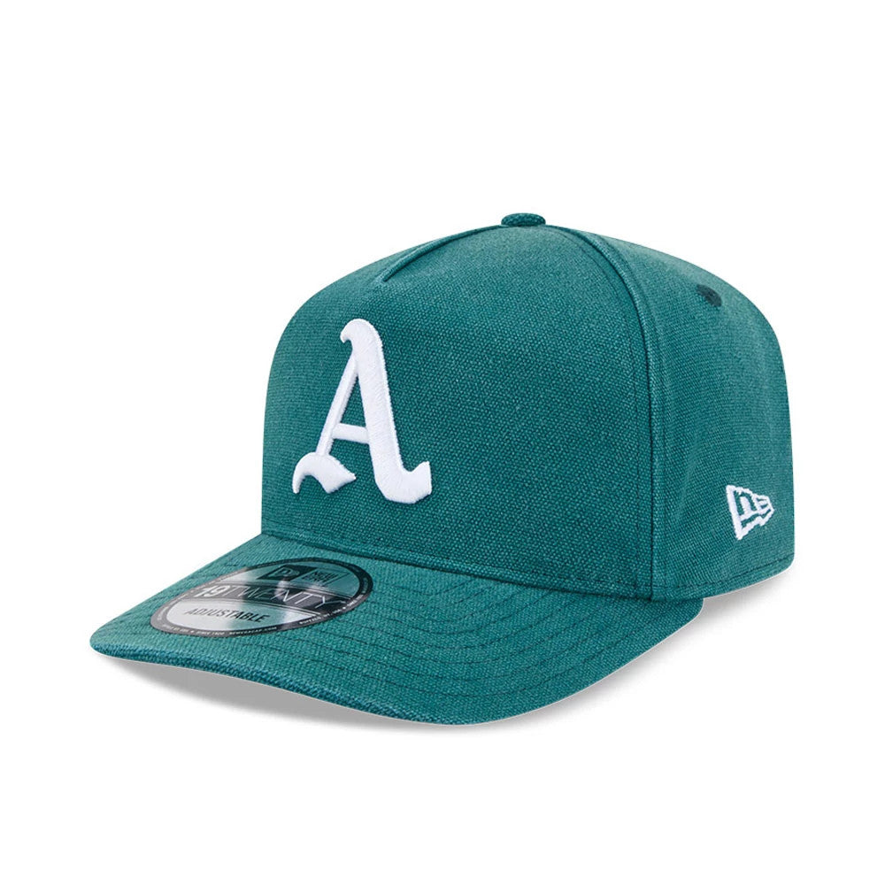 Athletics MLB Duck Canvas Green New Era 19TWENTY Adjustable Cap, three-quarter view showing a white raised embroidered A logo on the front, with a matching green visor and an attached 19TWENTY size sticker.