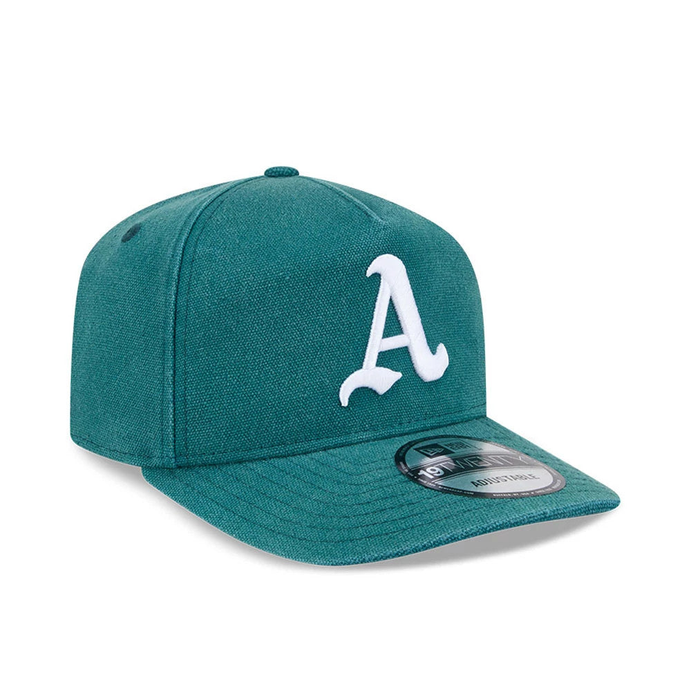 Athletics MLB Duck Canvas Green New Era 19TWENTY Adjustable Cap, three-quarter view showing the white embroidered A logo on the front panel, with a green visor, and a 19TWENTY size sticker on the flat visor.